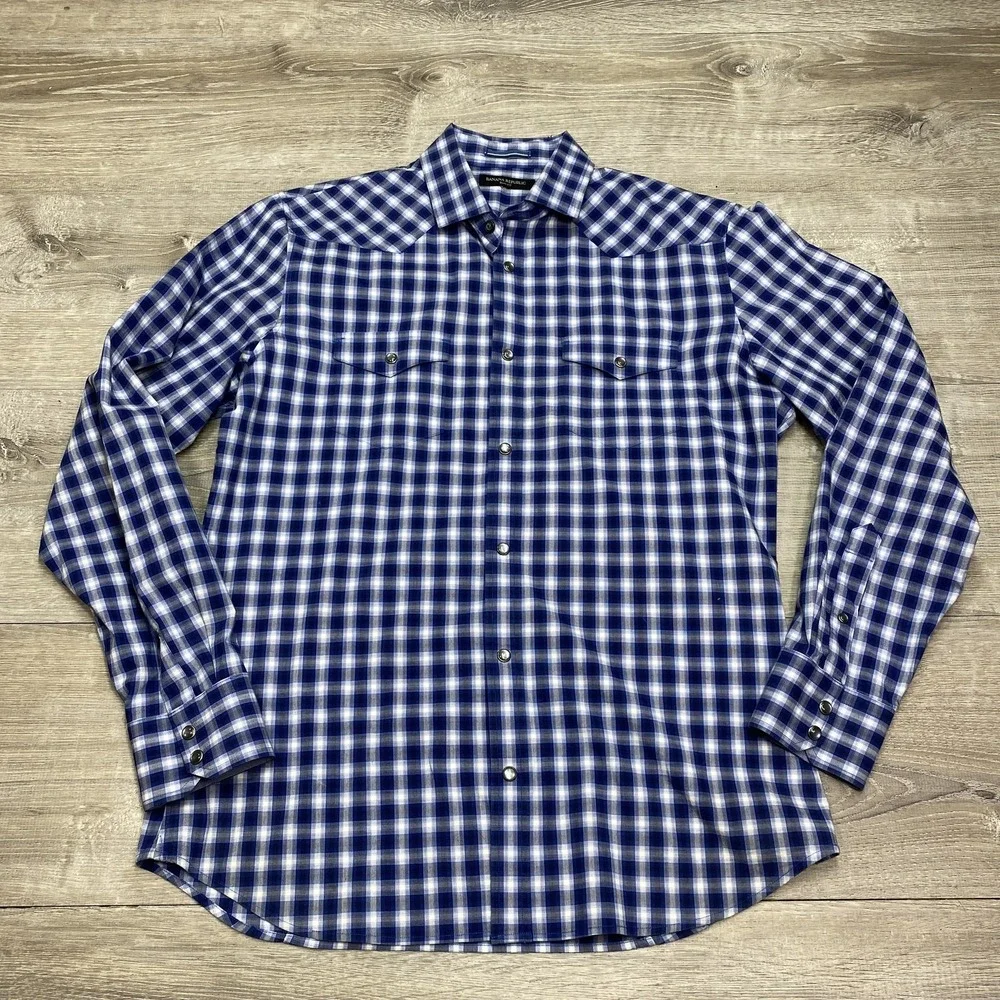 Banana Republic Shirt Mens M Blue Plaid Long Sleeve Pearl Snap Slim Fit Western